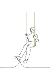 Wall Mural - man sits on a swing and smiles - one line drawing vector. concept adult returns to childhood; playful