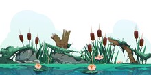 Swamp Reed Illustration. Cartoon Marsh Background With Cattail Plants, Moss Rocks And Log, Countryside Wetland Or Lake. Vector Illustration