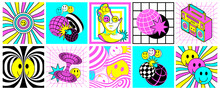Psydub 90s Psychedelic Trippy Stickers. Rave Acid Set Of Surreal Backgrounds And Trip Square Social Media Posts With Fun Surreal Vortex Geometry. Vector Art And Signs. Weird 90s Style.