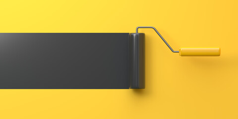 Wall Mural - Black Paint Roller with color trail over yellow background. Home renovation or painting template with copy space. 3D Rendering 3D Illustration