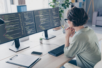 Back view photo of smart professional woman web-designer thinking try optimize improve database in workstation