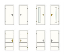 8 Doors, White, With Glass, Brass And Metal Door Fittings, Vector