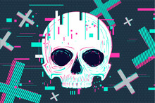 Glitch Skull Background. Game Over Concept With Dead Head. Cyber Punk Illustration.