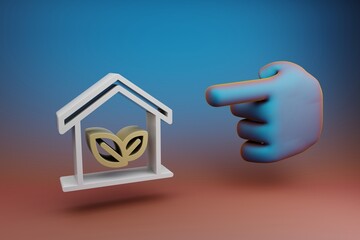 Poster - Beautiful illustrations abstract Hand index finger points to house clean energy symbol icon on a multicolor bright background. 3d rendering illustration. Background pattern for design.