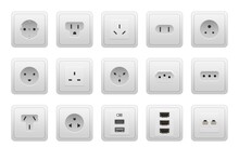 Realistic Socket Types. AC Power Wall Socket Mock Up, USB Hand DrawnMI RG45 Electric Ports, European And American Electricity Sockets. Vector Isolated Set