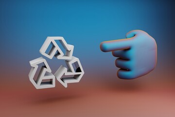 Poster - Beautiful illustrations abstract Hand index finger points to Recycle symbol icon on a multicolor bright background. 3d rendering illustration. Background pattern for design.