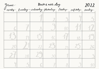 Monthly planner page template with calligraphy week days and numbers