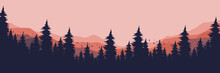 Sunrise At Mountain With Pine Tree Silhouette Flat Design Vector Illustration Good For Wallpaper, Background, Backdrop, Banner, Web, Panorama, Travel, Tourism And Design Template