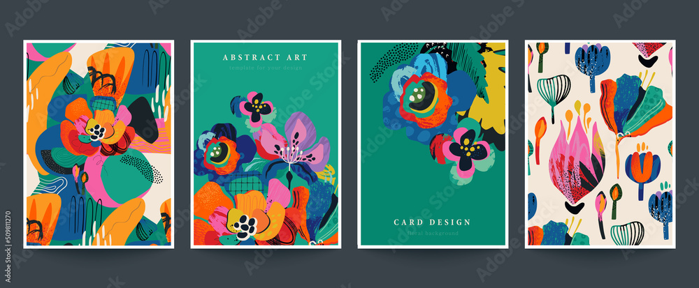 Set of four vector pre-made cards or posters in modern abstract style ...