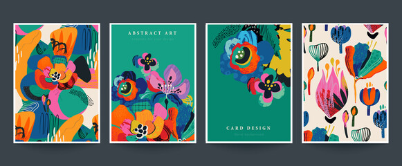 set of four vector pre-made cards or posters in modern abstract style with nature motifs, flowers, l