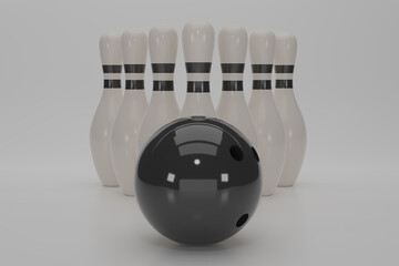 Wall Mural - 3d render a black bowling ball crashing into the pins on white background. Concept of success and win. 3D rendering illustration.