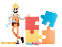 Builder Cartoon Character, Funny Worker Or Engineer With Puzzle, 3d Rendering.