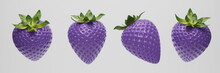 3D Render Purple Strawberries With Green Leaves Isolated On White Background. Set Of Violet Strawberry On White. Collection Side Views Berry Strawberries. Clipping Path. 3D Rendering.