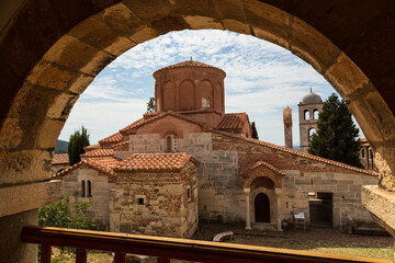 Wall Mural - Byzantine Abbey of Pojan, Saint Mary Orthodox Church and Monastery viewed through arches, Apollonia Archaeological Park, Pojani Village, Illyria, Albania