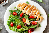 Fototapeta Las - Grilled chicken breast and salad with tomato, spinach, asberg, radichio, arugula on a stone background