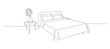 Continuous one line drawing of bed and table with vase and monstera leaf. Scandinavian stylish furniture for cozy loft bedroom in simple linear style. Editable stroke. Doodle vector illustration