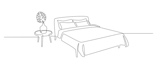 Aufkleber - Continuous one line drawing of bed and table with vase and monstera leaf. Scandinavian stylish furniture for cozy loft bedroom in simple linear style. Editable stroke. Doodle vector illustration