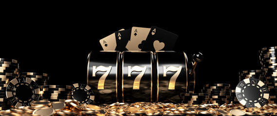 Wall Mural - Slot Machine, Four Aces Casino Chips And Coins, Modern Black And Golden Isolated On The Black Background - 3D Illustration	