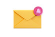 © Igor - 3D render envelope icon with notification bell on white background. Yellow mail isolated on pastel purple background.