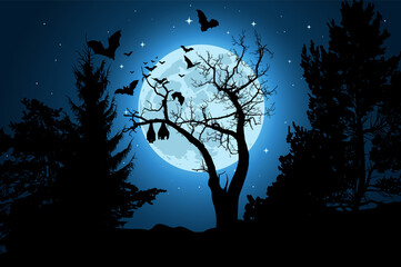 Wall Mural - moonlight forest halloween background with silhouette of bats