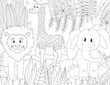 Wild animals coloring book page. Cute lion, giraffe, and elephant in the jungle.