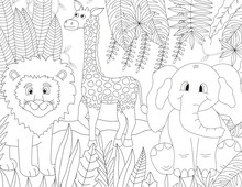 Wild Animals Coloring Book Page. Cute Lion, Giraffe, And Elephant In The Jungle.