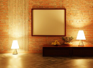 Wall Mural - Night interior with a horizontal poster template. Two lamps and wooden table. Parquet floor. Brick wall. 3D rendering.