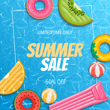 Summer Sale Banner With Swimming Pool And Colorful Floats