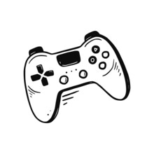 Video Game Joystick Hand Drawn Doodle Control. Video Gamer Joystick Controller Element. Computer Retro, Arcade Play Concept. Vector Illustration.