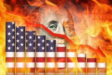 Recession and inflation in US economy. Financial crisis, bankruptcy of banks. Red arrow going downwards above US business graph in front of 100 dollar bill and flames. Economists forecast for the US.