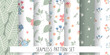 Set of seamless patterns in pastel colors with simple flowers in rustic childish style. Suitable for kids design and textiles.