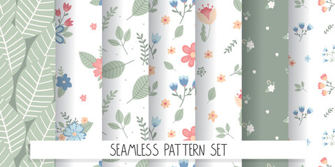  Set of seamless patterns in pastel colors with simple flowers in rustic childish style. Suitable for kids design and textiles.