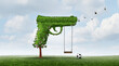 Gun Safety and children or youth crime concept as a tree shaped as a gun with a playground swing representing public safety and firearms student security issues or grief