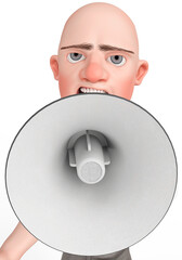 Poster - bald businessman is protesting and holding a bullhorn close up view