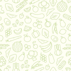 Seamless pattern of vegetables, fruits and berries in outline style, vector illustration