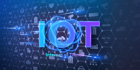 IOT concept of connecting devices all over the world, by wireless path, modern data transmission technology. Modern banner, poster, IOT brochure. Web, a network connecting devices on the Internet.