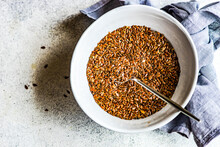 Overhead View Of A Bowl Of Organic Flax Seeds