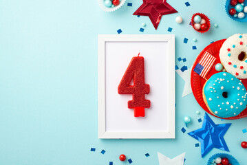 Fourth of July concept. Top view photo of photo frame with number 4 candle national flag star garland confetti paper backing molds with sweets plate with donuts on isolated pastel blue background