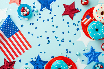 Wall Mural - Fourth of July concept. Top view photo of national flags stars confetti paper backing molds with candies and plates with glazed donuts on isolated pastel blue background