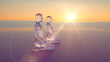 3d Illustration Of A Translucent Group Of People Doing Yoga At Dawn