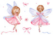 Set with two fairy girls, pink butterfly, flowers ad ribbons; with white isolated background