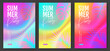 Set of summer disco party posters with tropic leaves on holographic flow background. Summer background. Vector illustration