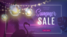 Summer Big Sale Poster With Tropic Leaves And String Of Lights. Summer Party Background. Vector Illustration