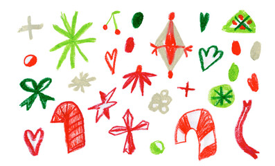 Set of illustrations drawn with wax crayons for the New Year on white isolated background.Christmas,holiday,children's collection of oil pastels in doodle style.Design for postcards,posters,stickers.