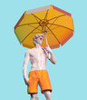 Michelangelo's David statue with umbrella and lifebuoy