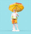 Michelangelo's David statue with umbrella and lifebuoy, 3D rendering