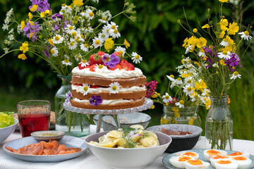 Scandinavian midsummer meal with strawberry and cream cake, potato salad, salmon and eggs