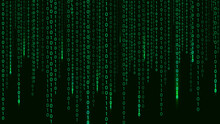 Green Matrix On The Dark Background With Different Numbers And Light. Big Data Visualization. Digital Texture Backdrop. Vector Illustration.