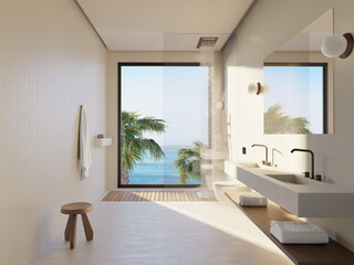 3d rendering of a tropical beige limestone minimal design bathroom with sunlight	
