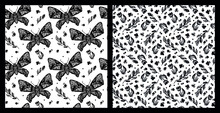 Set Of Vector Seamless Patterns. Black White Butterfly And Flowers In Linocut Style. Hand Drawn Vector Illustration Of Decorative Floral Insect Silhouette. Folk Art Design For Fabric, Paper, Textile